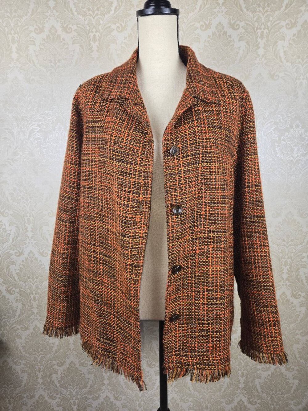 C.L.O.T.H.E.S. Size XL Orange Brown Wool Blend Tweed Jacket Button Front Vintage